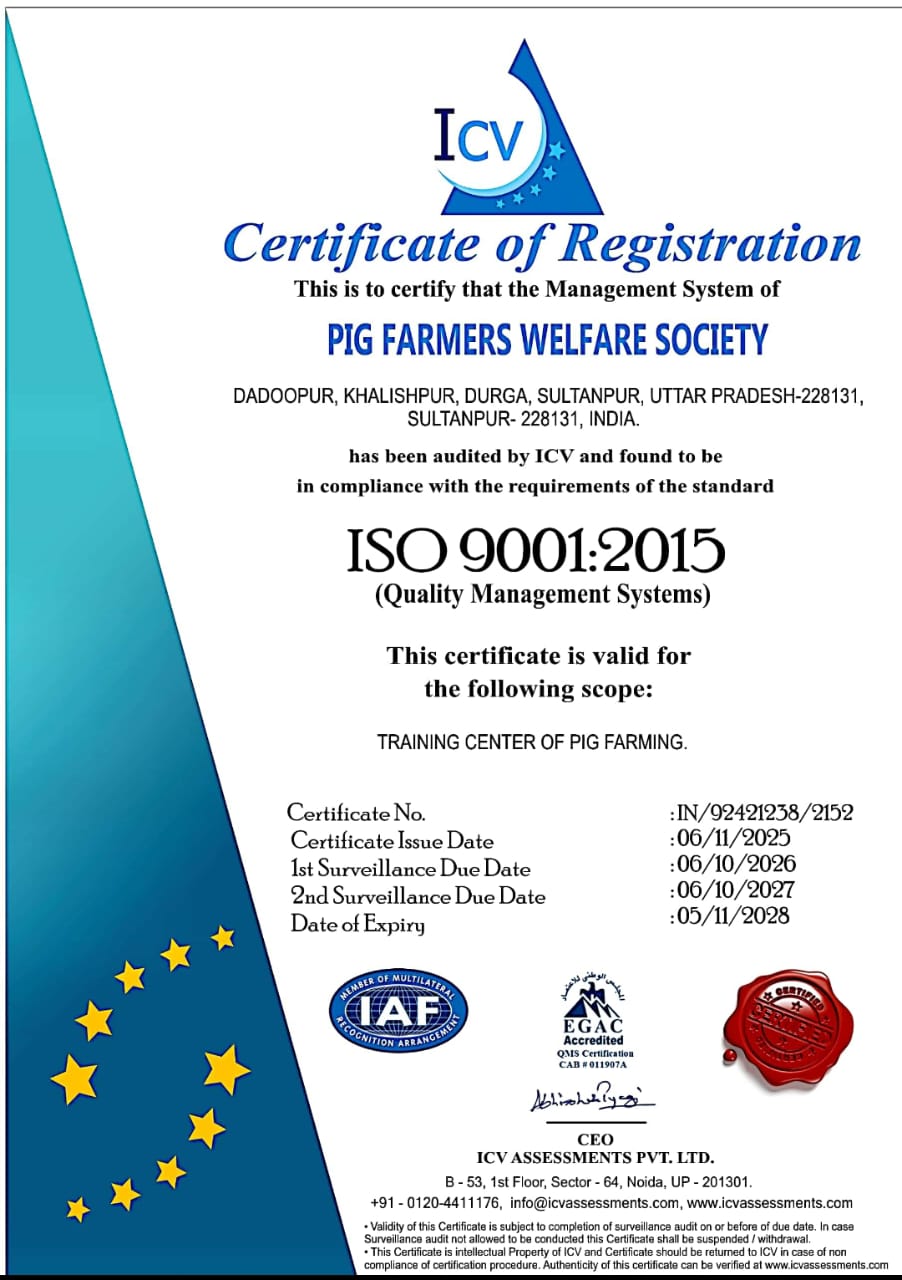 श्री राम एग्रीक्लिनिक में ISO 9001:2015 आधिकारिक ICV प्रमाणित सुअर किसान कल्याण सोसाइटी पंजीकरण प्रमाण पत्र